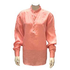 CCC Pastel Pink Button Up Long Sleeve Linen Tunic Top With Mandarin Collar Large